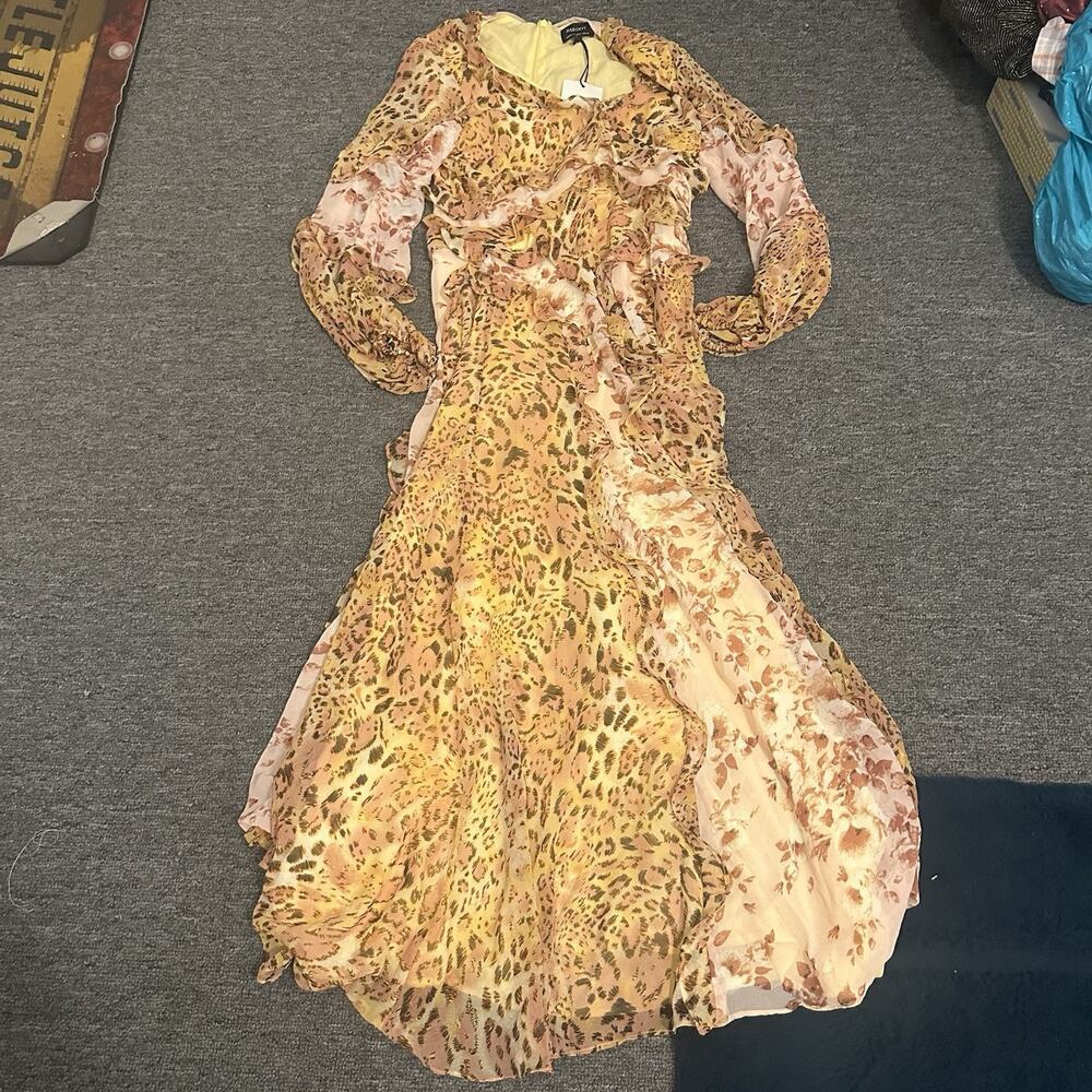 $189 Bardot Women's Pink Yellow Print Ruffled Long-Sleeve V-Neck Maxi Dress 6/S